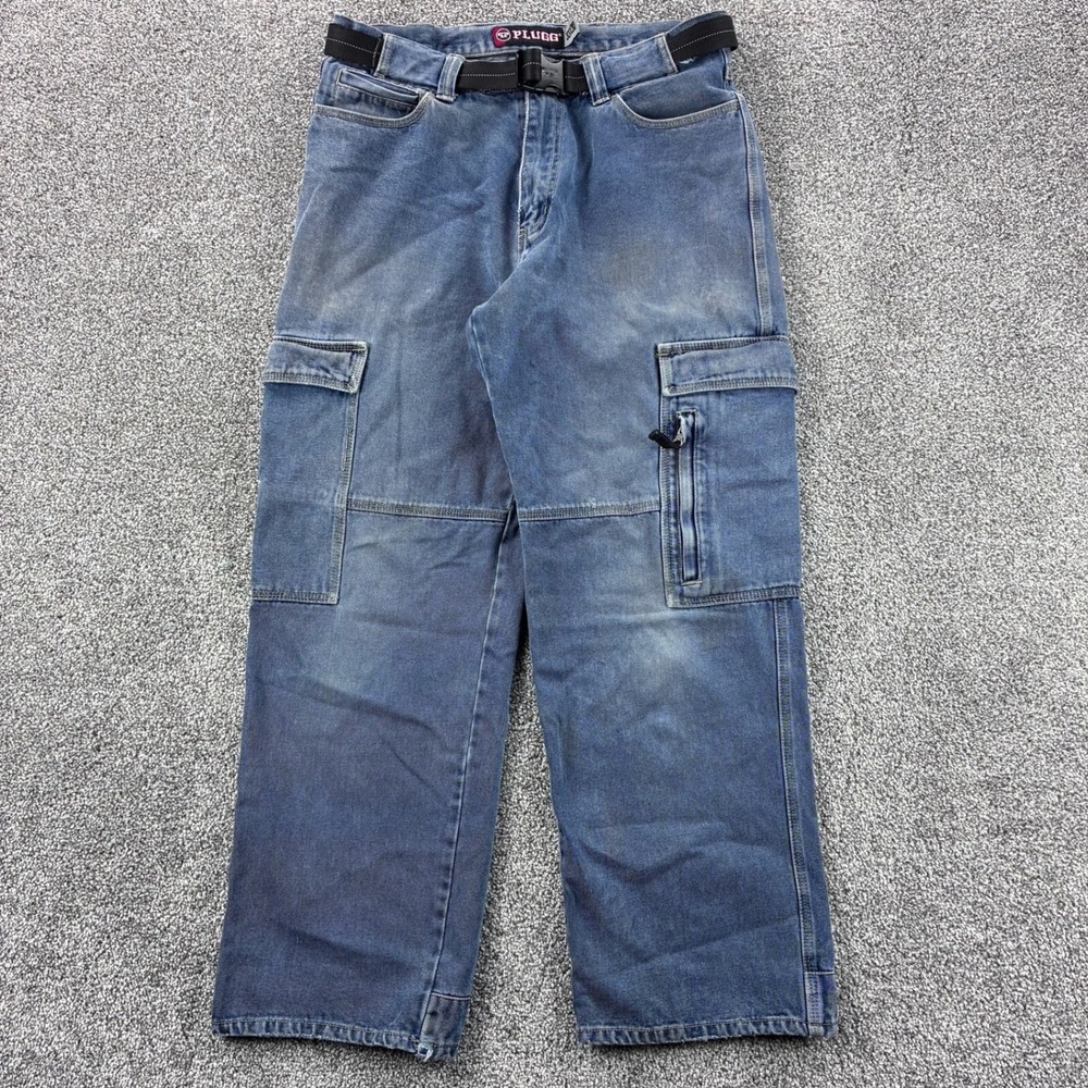 Vintage Y2K PLUGG Jeans Mens 33x30 Faded Denim Cargo Belted Wide Leg Rave Pocket